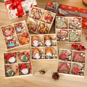 Detailed view of 12PCS wooden Christmas gingerbread man and gnome tree ornaments in a box