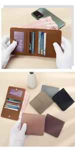Detail of genuine leather RFID wallet showing multiple card slots and available colors