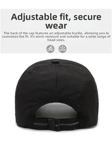Detail of adjustable snapback buckle and breathable mesh fabric on black baseball cap
