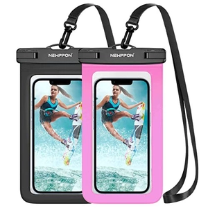 Detail of black and pink waterproof phone pouches with secure physical swivel locks