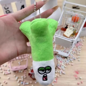Cute green onion plush keychain with funny expression and metal bead chain for backpacks