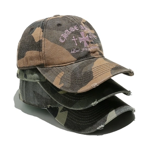 Vintage distressed camouflage baseball caps with gothic embroidery and cross detail