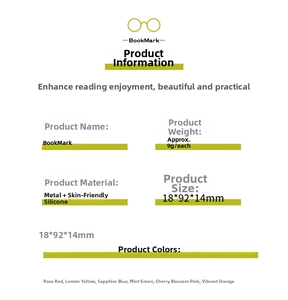 Detailed specifications of the silicone and metal bookmark showing dimensions and weight