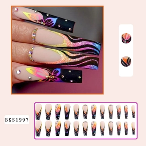 Detailed long coffin nails with rainbow butterfly, neon colors and glitter rhinestones