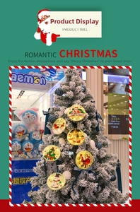 Detail of round LED Christmas hanging ornaments with Santa motif and blue silk bows