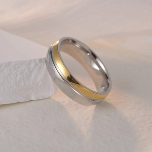 Titanium steel couple ring with gold-tone groove and polished silver finish