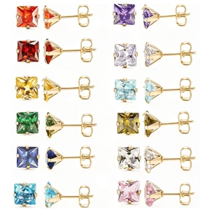 Set of 12 colors square-cut AAA zircon stud earrings with gold four-prong stainless steel base