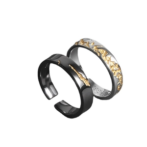 Men's S925 silver open rings with gold embossed pattern in black and silver set
