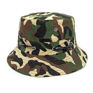 Detail of jungle camo bucket hat with metal eyelets and adjustable SPORT logo drawstring