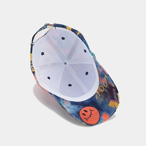 Streetwear navy blue cotton baseball cap with orange smiley graffiti and adjustable strap