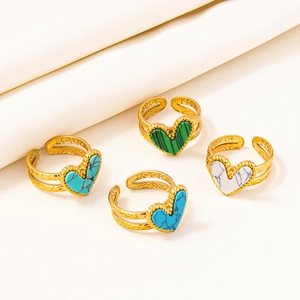 Set of four adjustable gold-tone heart rings with turquoise and malachite stones