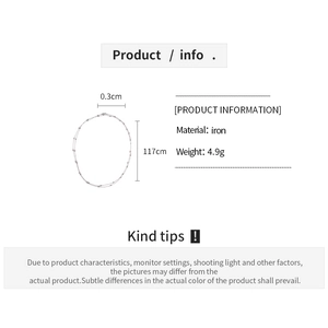 Detailed spec sheet showing 117cm long iron beaded chain dimensions and 4.9g weight info