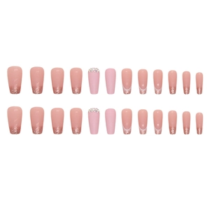 French tip coffin fake nails set in pink gradient with sparkling glitter and rhinestones