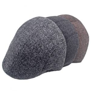 Men winter padded thick flat caps in grey and brown wool blend with quilted texture