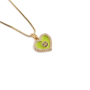 Gold plated heart pendant necklace with green enamel smile face and zircon stones