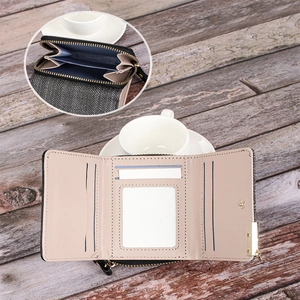 Detail view of tri-fold wallet showing card slots and zippered double coin pocket