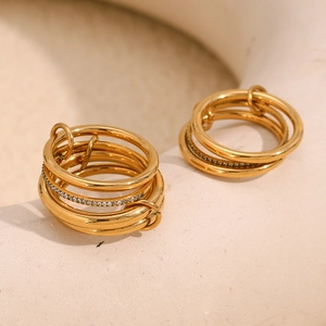 Interlocking Multi Layer Linked Rings Stainless Steel 18K Gold Plated Zircon Inlaid Stackable Fashion Jewelry For Women
