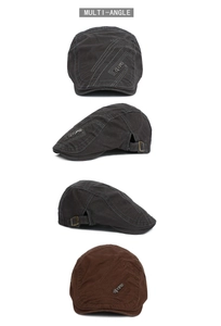 Detail view of cotton flat cap with contrast stitching and metal sports side buckle