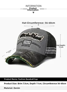 Detail diagram showing retro denim baseball cap dimensions and 1969 embroidery features