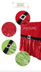 Close-up of red and green sequin chair covers with Merry Christmas embroidery and buckles