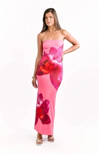 Detail of a pink strapless tube dress with large orchid prints and a slim fit silhouette