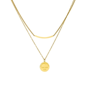 Double-layered gold plated stainless steel necklace with round pendant and bar design