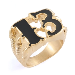 Gothic dragon claw gold ring with black number 13 emblem in polished stainless steel
