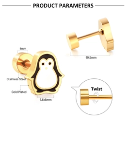 Detailed product parameters of gold penguin stainless steel stud earrings with twist back