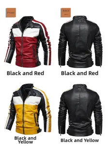 Front and back views of men's color-block biker jackets in black-red and black-yellow
