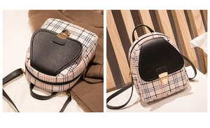 Detail of checkered mini backpack featuring golden twist lock and black PU flap closure