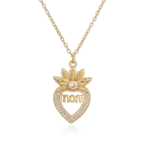 Golden heart necklace with MOM lettering and crown detail featuring cubic zirconia crystals