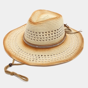 Vintage hollow sunflower straw hat with leather belt and rhinestones for sun protection