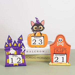 Halloween wooden countdown calendar featuring a purple castle, black cat, and tombstone