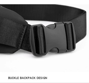 Close-up of durable black plastic buckle and nylon strap on a mini crossbody chest bag