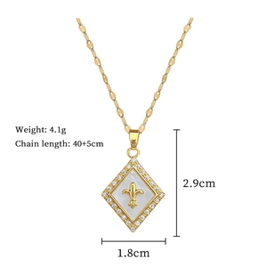 Detailed specs of iris flower pendant with shell inlay and cubic zirconia on gold chain