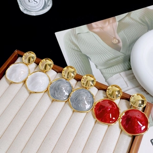 Minimalist S925 silver round marble earrings in white, grey, and red with gold rim
