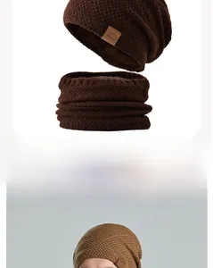 Detailed view of the brown knitted winter beanie and neck warmer with plush fleece lining