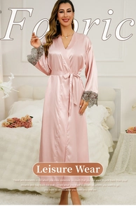 Pink satin robe with V-neck wrap design and exquisite grey floral lace sleeves