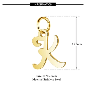 Polished gold stainless steel letter K charm pendant with size dimensions 10x15.5mm
