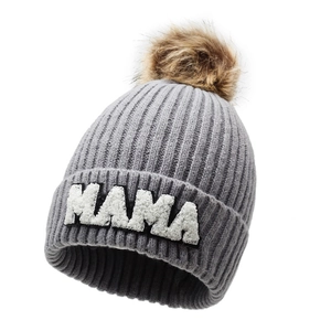 Grey knit MAMA beanie with faux fur pom pom for winter outdoor activities