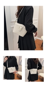Detailed views of a white woven shoulder bag with golden round buckle and slim strap