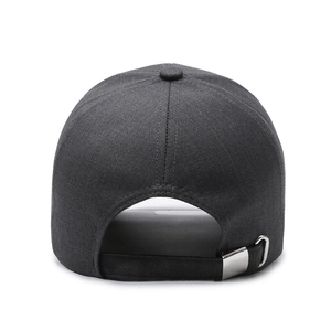 Deep grey baseball cap with extended brim and adjustable silver metal buckle back view