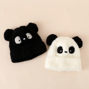 Bonnet Panda En Peluche Hiver Pour Enfants Chaud Coupe-Vent Teddy Fleece Beanie Dessin Animé Mignon Pour Garçons Et Filles