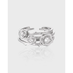 S925 Sterling Silver Rose Flower Ring For Women Adjustable Multi Layer Line Open Finger Ring Zirconia Inlaid Jewelry Gift