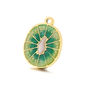 18K gold plated stainless steel kiwi fruit slice pendant with green enamel inlay