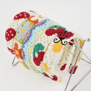French crochet headband set with handmade flowers, mushrooms, and rainbow embroidery