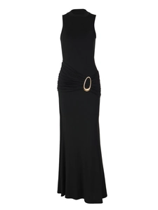Robe longue noire sans manches avec taille haute torsadée et boucle en métal doré