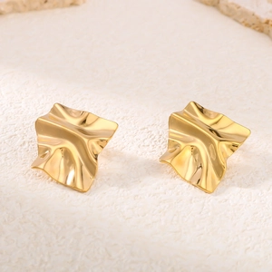 Geometric Square Wrinkled Earrings 18K Gold Plated Stainless Steel Crumpled Texture Minimalist Jewelry For Women
