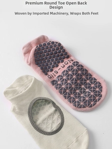 Detail view of cotton yoga socks with non-slip hexagonal grip and open-back design
