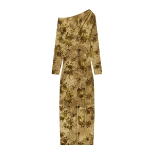 Brown floral flocked long sleeve one shoulder pleated dress displayed on white background
